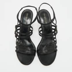 Pre Owned Sergio Rossi Black Satin Crystal Embellished Ankle Strap Sandals Size 36