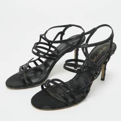 Pre Owned Sergio Rossi Black Satin Crystal Embellished Ankle Strap Sandals Size 36