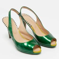 Pre Owned Sergio Rossi Green Patent Leather Peep Toe Slingback  Pumps Size 38
