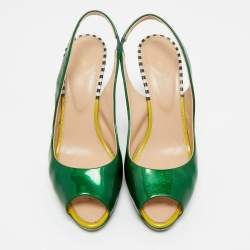 Pre Owned Sergio Rossi Green Patent Leather Peep Toe Slingback  Pumps Size 38
