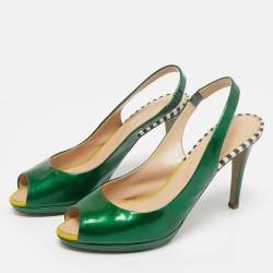 Pre Owned Sergio Rossi Green Patent Leather Peep Toe Slingback  Pumps Size 38