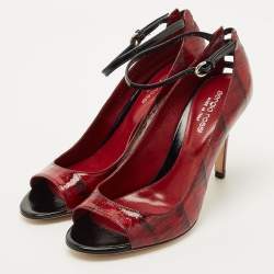 Pre Owned Sergio Rossi Red/Black Eel Leather Peep Toe Pumps Size 38.5
