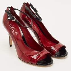 Pre Owned Sergio Rossi Red/Black Eel Leather Peep Toe Pumps Size 38.5