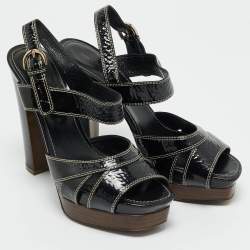 Pre Owned Sergio Rossi Black Patent Leather Ankle Strap Platform Sandals Size 37.5