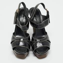 Pre Owned Sergio Rossi Black Patent Leather Ankle Strap Platform Sandals Size 37.5