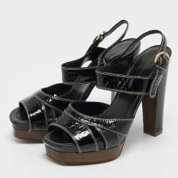 Pre Owned Sergio Rossi Black Patent Leather Ankle Strap Platform Sandals Size 37.5