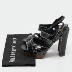 Pre Owned Sergio Rossi Black Patent Leather Ankle Strap Platform Sandals Size 37.5