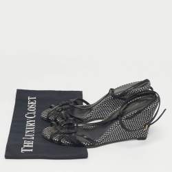 Pre Owned Sergio Rossi Black/White Raffia Ankle Strap Wedge Sandals Size 38.5