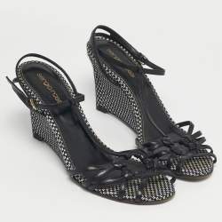 Pre Owned Sergio Rossi Black/White Raffia Ankle Strap Wedge Sandals Size 38.5