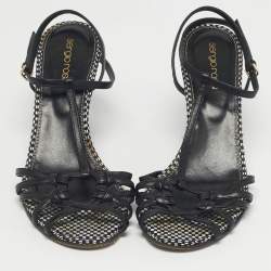 Pre Owned Sergio Rossi Black/White Raffia Ankle Strap Wedge Sandals Size 38.5