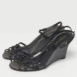 Pre Owned Sergio Rossi Black/White Raffia Ankle Strap Wedge Sandals Size 38.5