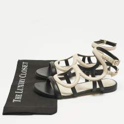 Pre Owned Sergio Rossi Black/Cream Leather Ankle Strap Flat Sandals Size 39