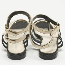 Pre Owned Sergio Rossi Black/Cream Leather Ankle Strap Flat Sandals Size 39