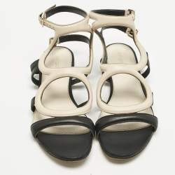Pre Owned Sergio Rossi Black/Cream Leather Ankle Strap Flat Sandals Size 39