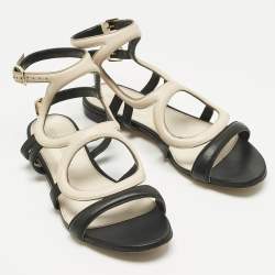 Pre Owned Sergio Rossi Black/Cream Leather Ankle Strap Flat Sandals Size 39