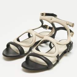 Pre Owned Sergio Rossi Black/Cream Leather Ankle Strap Flat Sandals Size 39