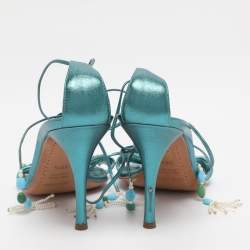Pre Owned Sergio Rossi Metallic Green Leather Stone Embellished Ankle Strap Sandals Size 38.5