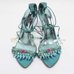 Pre Owned Sergio Rossi Metallic Green Leather Stone Embellished Ankle Strap Sandals Size 38.5