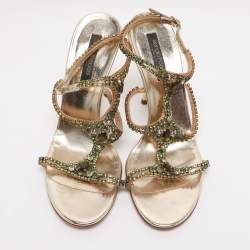 Pre Owned Sergio Rossi Gold Leather Ankle Strap Sandals Size 38.5