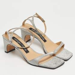 Pre Owned Sergio Rossi Silver Glitter Ankle Strap Sandals Size 37.5