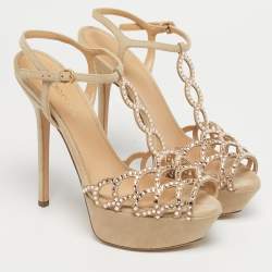 Pre Owned Sergio Rossi Grey Suede Embellished Strappy Scalloped Platform Sandals Size 36