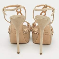 Pre Owned Sergio Rossi Grey Suede Embellished Strappy Scalloped Platform Sandals Size 36