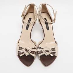 Pre Owned Sergio Rossi White/Brown Leather Bow Ankle Strap Sandals Size 36.5