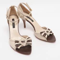 Pre Owned Sergio Rossi White/Brown Leather Bow Ankle Strap Sandals Size 36.5
