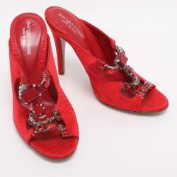 Pre Owned Sergio Rossi Red Fabric Crystal Embellished Slide Sandals Size 36.5