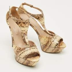 Pre Owned Sergio Rossi Beige/Brown Python Leather T-Strap Platform Sandals Size 39