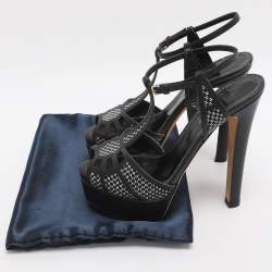 Pre Owned Sergio Rossi Black Monochrome Leather and Straw Platform Sandals Size 35