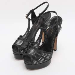 Pre Owned Sergio Rossi Black Monochrome Leather and Straw Platform Sandals Size 35