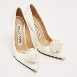 Pre Owned Sergio Rossi Cream Satin Rose Pearl Applique Pumps Size 36