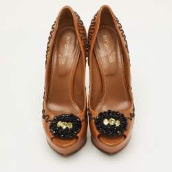 مملوكة مسبقًا Sergio Rossi Size 37.5 Brown Leather Peep Toe Pumps