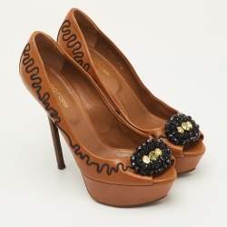 مملوكة مسبقًا Sergio Rossi Size 37.5 Brown Leather Peep Toe Pumps