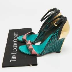 مملوكة مسبقًا Sergio Rossi Size 39 Multicolor Leather and Metal Ankle Strap Wedge Sandals