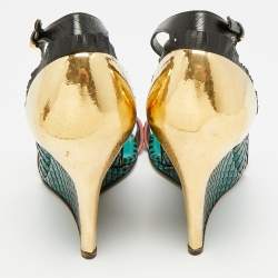 مملوكة مسبقًا Sergio Rossi Size 39 Multicolor Leather and Metal Ankle Strap Wedge Sandals