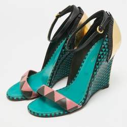 مملوكة مسبقًا Sergio Rossi Size 39 Multicolor Leather and Metal Ankle Strap Wedge Sandals