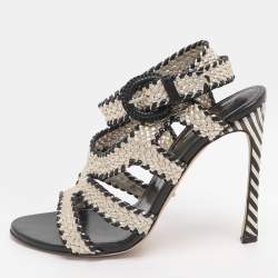 Pre Owned Sergio Rossi Size Gold/Black Woven Leather Ankle Strap Sandals