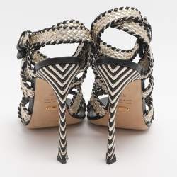  مملوكة مسبقًا Sergio Rossi Size Gold/Black Woven Leather Ankle Strap Sandals