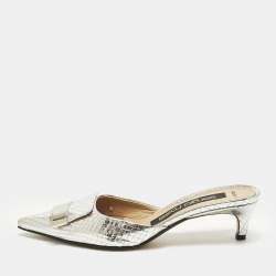 مملوكة مسبقًا Sergio Rossi Size 36 Silver Croc Embossed Leather Mules