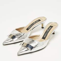 مملوكة مسبقًا Sergio Rossi Size 36 Silver Croc Embossed Leather Mules