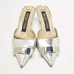 مملوكة مسبقًا Sergio Rossi Size 36 Silver Croc Embossed Leather Mules