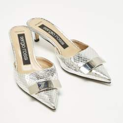 مملوكة مسبقًا Sergio Rossi Size 36 Silver Croc Embossed Leather Mules