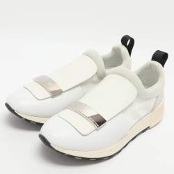 Pre Owned حذاء رياضي سيرجيو روسي SR1 جلد وشبك وشامواه أبيض بعنق منخفض مقاس 37