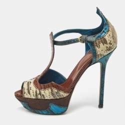 Pre Owned Sergio Rossi Size 37 Multicolor Karung Leather and Lizard Leather Ankle Strap Sandals