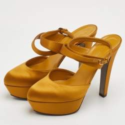 Pre Owned Sergio Rossi Size 37.5 Mustard Yellow Satin Ankle Strap Platform Sandals
