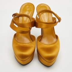 Pre Owned Sergio Rossi Size 37.5 Mustard Yellow Satin Ankle Strap Platform Sandals