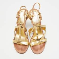 مملوكة مسبقًا Sergio Rossi Size 37.5 Gold/Beige Leather and Suede Wedge Sandals