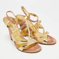 مملوكة مسبقًا Sergio Rossi Size 37.5 Gold/Beige Leather and Suede Wedge Sandals